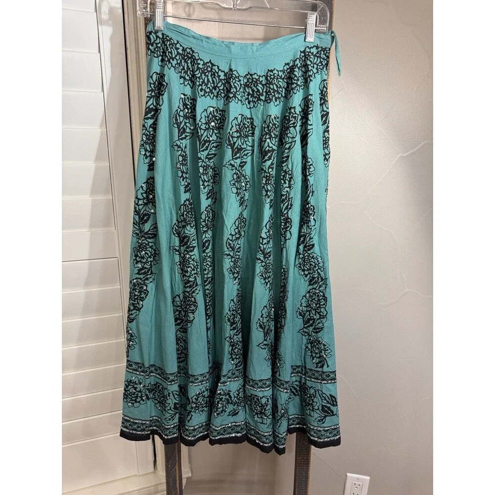 Teal and Black Cotton Skirt with Sequin Accents Size Medium